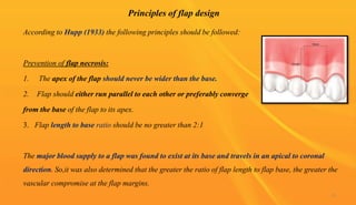 Principles of flap design
According to Hupp (1933) the following principles should be followed:
Prevention of flap necrosis:
1. The apex of the flap should never be wider than the base.
2. Flap should either run parallel to each other or preferably converge
from the base of the flap to its apex.
3. Flap length to base ratio should be no greater than 2:1
The major blood supply to a flap was found to exist at its base and travels in an apical to coronal
direction. So,it was also determined that the greater the ratio of flap length to flap base, the greater the
vascular compromise at the flap margins.
13
 
