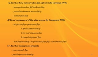 A] Based on bone exposure after flap reflection (by Carranza, 1979).
- mucoperiosteal or full thickness flap
- partial thickness or mucosal flap
- combination flap
B] Based on placement of flap after surgery (by Carranza in 1990).
- displaced flap / positioned flap
1.Apical displaced flap
2.Coronal displaced flap
3.Lateral displaced flap
- non displaced flap / re-positioned flap [Eg : conventional flap]
C] Based on management of papilla
- conventional flap
- papilla preservation flap 40
 