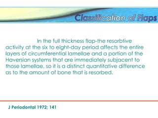 In the full thickness flap-the resorbtive
activity at the six to eight-day period affects the entire
layers of circumferential lamellae and a portion of the
Haversian systems that are immediately subjacent to
those lamellae, so it is a distinct quantitative difference
as to the amount of bone that is resorbed.
J Periodontal 1972; 141
 