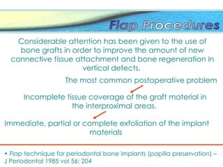 Incomplete tissue coverage of the graft material in
the interproximal areas.
Considerable attention has been given to the use of
bone grafts in order to improve the amount of new
connective tissue attachment and bone regeneration in
vertical defects.
The most common postoperative problem
Immediate, partial or complete exfoliation of the implant
materials
• Flap technique for periodontal bone implants (papilla preservation) –
J Periodontal 1985 vol 56; 204
 