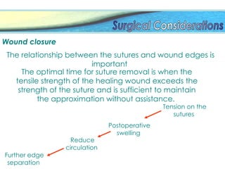 The optimal time for suture removal is when the
tensile strength of the healing wound exceeds the
strength of the suture and is sufficient to maintain
the approximation without assistance.
Wound closure
The relationship between the sutures and wound edges is
important
Tension on the
sutures
Postoperative
swelling
Reduce
circulation
Further edge
separation
 
