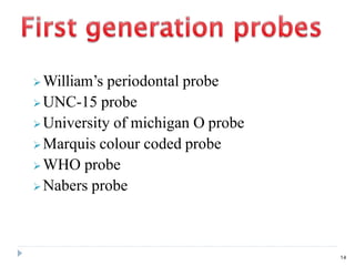 William’s periodontal probe
 UNC-15 probe
 University of michigan O probe
 Marquis colour coded probe
 WHO probe
 Nabers probe
14
 