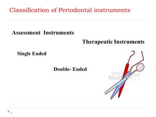 3
Assessment Instruments
Therapeutic Instruments
Classification of Periodontal instruments
Single Ended
Double- Ended
 