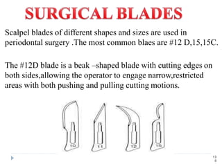 Scalpel blades of different shapes and sizes are used in
periodontal surgery .The most common blaes are #12 D,15,15C.
The #12D blade is a beak –shaped blade with cutting edges on
both sides,allowing the operator to engage narrow,restricted
areas with both pushing and pulling cutting motions.
13
0
 