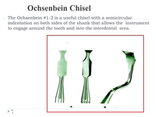 The Ochsenbein #1-2 is a useful chisel with a semicircular
indentation on both sides of the shank that allows the instrument
to engage around the tooth and into the interdental area.
14
2
 