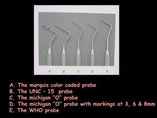 A. The marquis color coded probe The UNC – 15  probe The michigan “O” probe The michigan “O” probe with markings at 3, 6 & 8mm E. The WHO probe 