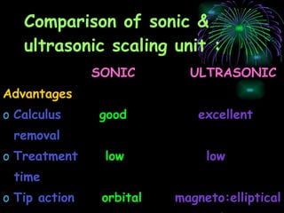 Comparison of sonic & ultrasonic scaling unit : SONIC  ULTRASONIC   Advantages  Calculus   good  excellent removal Treatment   low  low time Tip action   orbital  magneto:elliptical piezo: linear 