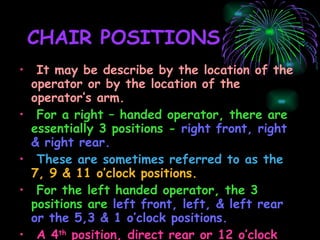 CHAIR POSITIONS It may be describe by the location of the operator or by the location of the operator’s arm. For a right – handed operator, there are essentially 3 positions -   right front, right & right rear. These are sometimes referred to as the   7, 9 & 11 o’clock positions. For the left handed operator, the 3 positions are   left front, left, & left rear or the 5,3 & 1 o’clock positions. A 4 th  position, direct rear or 12 o’clock position.  