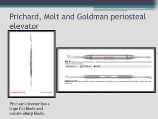 Prichard, Molt and Goldman periosteal
elevator
Prichard elevator has a
large flat blade and
narrow sharp blade.
 