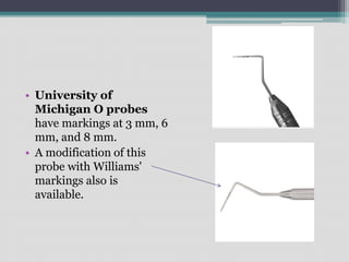• University of
Michigan O probes
have markings at 3 mm, 6
mm, and 8 mm.
• A modification of this
probe with Williams'
markings also is
available.
 