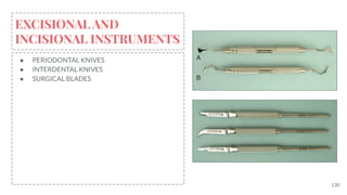130
EXCISIONAL AND
INCISIONAL INSTRUMENTS
● PERIODONTAL KNIVES
● INTERDENTAL KNIVES
● SURGICAL BLADES
 