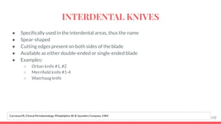● Speciﬁcally used in the interdental areas, thus the name
● Spear-shaped
● Cutting edges present on both sides of the blade
● Available as either double-ended or single-ended blade
● Examples:
○ Orban knife #1, #2
○ Merriﬁeld knife #1-4
○ Waerhaug knife
132
Carranza FA. Clinical Periodontology. Philadelphia: W. B. Saunders Company, 1989.
INTERDENTAL KNIVES
 