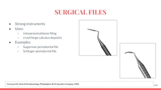 ● Strong instruments
● Uses:
○ interproximal bone ﬁling
○ crush large calculus deposits
● Examples:
○ Sugarman periodontal ﬁle
○ Schluger periodontal ﬁle
144
Carranza FA. Clinical Periodontology. Philadelphia: W. B. Saunders Company, 1989.
SURGICAL FILES
 
