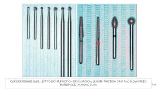 CARBIDE ROUND BURS: LEFT TO RIGHT, FRICTION GRIP, SURGICAL-LENGTH FRICTION GRIP, AND SLOW-SPEED
HANDPIECE; DIAMOND BURS 149
 