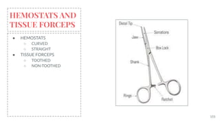 155
HEMOSTATS AND
TISSUE FORCEPS
● HEMOSTATS
○ CURVED
○ STRAIGHT
● TISSUE FORCEPS
○ TOOTHED
○ NON-TOOTHED
 