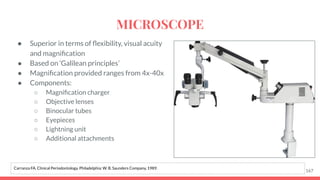 ● Superior in terms of ﬂexibility, visual acuity
and magniﬁcation
● Based on ‘Galilean principles’
● Magniﬁcation provided ranges from 4x-40x
● Components:
○ Magniﬁcation charger
○ Objective lenses
○ Binocular tubes
○ Eyepieces
○ Lightning unit
○ Additional attachments
167
Carranza FA. Clinical Periodontology. Philadelphia: W. B. Saunders Company, 1989.
MICROSCOPE
 
