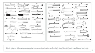 Illustration of Albucasis’ periodontal instruments, showing scalers (sc), ﬁles (f), and the wiring of loose teeth (w).
9
 