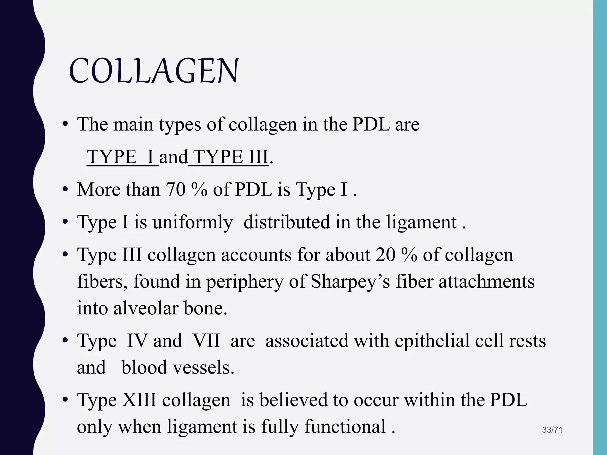 COLLAGEN
• The main types of collagen in the PDL are
TYPE I and TYPE III.
• More than 70 % of PDL is Type I .
• Type I is uniformly distributed in the ligament .
• Type III collagen accounts for about 20 % of collagen
fibers, found in periphery of Sharpey’s fiber attachments
into alveolar bone.
• Type IV and VII are associated with epithelial cell rests
and blood vessels.
• Type XIII collagen is believed to occur within the PDL
only when ligament is fully functional . 33/71
 