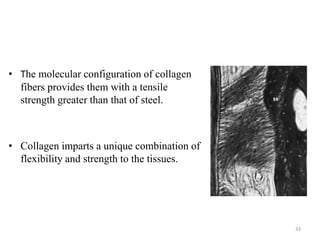 • The molecular configuration of collagen
fibers provides them with a tensile
strength greater than that of steel.
• Collagen imparts a unique combination of
flexibility and strength to the tissues.
33
 