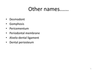 Other names......
• Desmodont
• Gomphosis
• Pericementum
• Periodontal membrane
• Alvelo-dental ligament
• Dental periosteum
5
 