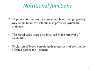 Nutritional functions
• Supplies nutrients to the cementum, bone, and gingiva by
way of the blood vessels and also provides lymphatic
drainage.
• The blood vessels are also involved in the removal of
catabolites.
• Occlusion of blood vessels leads to necrosis of cells in the
affected part of the ligament.
75
 