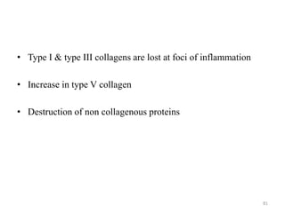 • Type I & type III collagens are lost at foci of inflammation
• Increase in type V collagen
• Destruction of non collagenous proteins
81
 