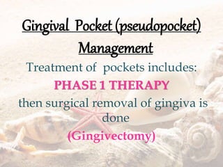 Gingival Pocket (pseudopocket)
Management
Treatment of pockets includes:
PHASE 1 THERAPY
then surgical removal of gingiva is
done
(Gingivectomy)
 