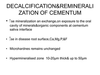 DECALCIFICATION&REMINERALI
ZATION OF CEMENTUM
• se mineralization an exchange,on exposure to the oral
cavity of minerals&organic components at cementum
saliva interface
• se in disease root surface,Ca,Mg,P,&F
• Microhardnes remains unchanged
• Hypermineralised zone 10-20µm thick& up to 50µm
 