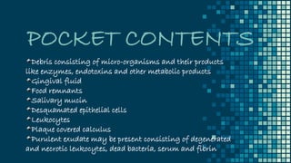 POCKET CONTENTS
Debris consisting of micro-organisms and their products
like enzymes, endotoxins and other metabolic products
Gingival fluid
Food remnants
Salivary mucin
Desquamated epithelial cells
Leukocytes
Plaque covered calculus
Purulent exudate may be present consisting of degenerated
and necrotic leukocytes, dead bacteria, serum and fibrin
 