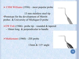  CHM Williams (1936) – most popular probe
13 mm stainless steel tip
•Prototype for the development of Merritt
probes & University of Michigan O probe
EW Fish (1946)– probe tip – rounded & tapered
- 10mm long & perpendicular to handle
Muhlemann (1960) – ZIS probe
13mm & 115ᵒ angle
Williams probe
16
 
