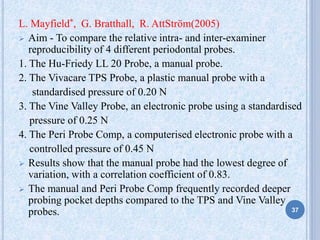 L. Mayfield*, G. Bratthall, R. AttStröm(2005)
 Aim - To compare the relative intra- and inter-examiner
reproducibility of 4 different periodontal probes.
1. The Hu-Friedy LL 20 Probe, a manual probe.
2. The Vivacare TPS Probe, a plastic manual probe with a
standardised pressure of 0.20 N
3. The Vine Valley Probe, an electronic probe using a standardised
pressure of 0.25 N
4. The Peri Probe Comp, a computerised electronic probe with a
controlled pressure of 0.45 N
 Results show that the manual probe had the lowest degree of
variation, with a correlation coefficient of 0.83.
 The manual and Peri Probe Comp frequently recorded deeper
probing pocket depths compared to the TPS and Vine Valley
probes. 37
 
