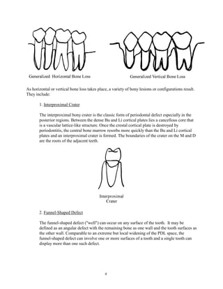 As horizontal or vertical bone loss takes place, a variety of bony lesions or configurations result.
They include:
1. Interproximal Crater
The interproximal bony crater is the classic form of periodontal defect especially in the
posterior regions. Between the dense Bu and Li cortical plates lies a cancellous core that
is a vascular lattice-like structure. Once the crestal cortical plate is destroyed by
periodontitis, the central bone marrow resorbs more quickly than the Bu and Li cortical
plates and an interproximal crater is formed. The boundaries of the crater on the M and D
are the roots of the adjacent teeth.

2. Funnel-Shaped Defect
The funnel-shaped defect ("well") can occur on any surface of the tooth. It may be
defined as an angular defect with the remaining bone as one wall and the tooth surfaces as
the other wall. Comparable to an extreme but local widening of the PDL space, the
funnel-shaped defect can involve one or more surfaces of a tooth and a single tooth can
display more than one such defect.

4

 