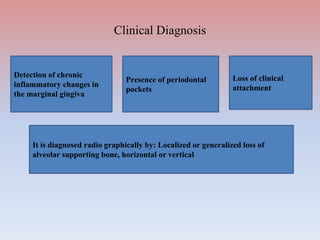 Clinical Diagnosis
Detection of chronic
inflammatory changes in
the marginal gingiva
Presence of periodontal
pockets
Loss of clinical
attachment
It is diagnosed radio graphically by: Localized or generalized loss of
alveolar supporting bone, horizontal or vertical
 