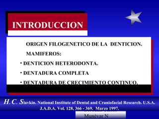 INTRODUCCION
    INTRODUCCION

           ORIGEN FILOGENETICO DE LA DENTICION.
           MAMIFEROS:
        • DENTICION HETERODONTA.
        • DENTADURA COMPLETA
        • DENTADURA DE CRECIMIENTO CONTINUO.


H. C. Slavkin. National Institute of Dental and Craniofacial Research. U.S.A.
                  J.A.D.A. Vol. 128, 366 -Dr. Juan Carlos
                                          369. Marzo 1997.
                                        Munévar N
 