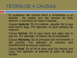 TEORÍA DE 4 CAUSAS. 
 El problema del cambio llevó a Aristóteles a un 
estudio de cuales son las causas de todo 
devenir, y concluyó en esas 4 causas: 
 Causa material. Es la materia, aquello de lo que 
está hecho algo. Por ejemplo: un gran pedazo de 
marmol 
 Causa formal. Es lo que hace que algo sea lo 
que es. Por ejemplo: el diseño de un arquitecto. 
 Causa eficiente. Es el principio del movimiento o 
del cambio. Por ejemplo: el escultor que 
transformará la roca en columna. 
 Causa final. Es el fin el para qué fue hecha una 
cosa. Por ejemplo: el adornar el patio de algún 
templo. 
 