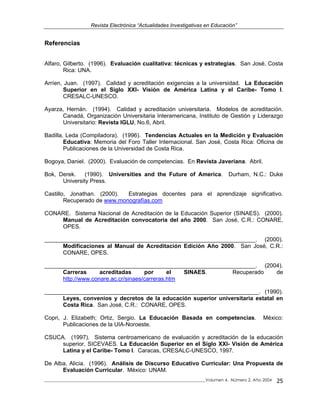 Revista Electrónica “Actualidades Investigativas en Educación”
Referencias
Alfaro, Gilberto. (1996). Evaluación cualitativa: técnicas y estrategias. San José, Costa
Rica: UNA.
Arríen, Juan. (1997). Calidad y acreditación exigencias a la universidad. La Educación
Superior en el Siglo XXI- Visión de América Latina y el Caribe- Tomo I.
CRESALC-UNESCO.
Ayarza, Hernán. (1994). Calidad y acreditación universitaria. Modelos de acreditación.
Canadá, Organización Universitaria Interamericana, Instituto de Gestión y Liderazgo
Universitario: Revista IGLU, No.6, Abril.
Badilla, Leda (Compiladora). (1996). Tendencias Actuales en la Medición y Evaluación
Educativa: Memoria del Foro Taller Internacional. San José, Costa Rica: Oficina de
Publicaciones de la Universidad de Costa Rica.
Bogoya, Daniel. (2000). Evaluación de competencias. En Revista Javeriana. Abril.
Bok, Derek. (1990). Universities and the Future of America. Durham, N.C.: Duke
University Press.
Castillo, Jonathan. (2000). Estrategias docentes para el aprendizaje significativo.
Recuperado de www.monografías.com
CONARE. Sistema Nacional de Acreditación de la Educación Superior (SINAES). (2000).
Manual de Acreditación convocatoria del año 2000. San José, C.R.: CONARE,
OPES.
__________________________________________________________________. (2000).
Modificaciones al Manual de Acreditación Edición Año 2000. San José, C.R.:
CONARE, OPES.
__________________________________________________________________. (2004).
Carreras acreditadas por el SINAES. Recuperado de
http://www.conare.ac.cr/sinaes/carreras.htm
___________________________________________________________________. (1990).
Leyes, convenios y decretos de la educación superior universitaria estatal en
Costa Rica. San José, C.R.: CONARE, OPES.
Copri, J. Elizabeth; Ortiz, Sergio. La Educación Basada en competencias. México:
Publicaciones de la UIA-Noroeste.
CSUCA. (1997). Sistema centroamericano de evaluación y acreditación de la educación
superior, SICEVAES. La Educación Superior en el Siglo XXI- Visión de América
Latina y el Caribe- Tomo I. Caracas, CRESALC-UNESCO, 1997.
De Alba, Alicia. (1996). Análisis de Discurso Educativo Curricular: Una Propuesta de
Evaluación Curricular. México: UNAM.
_____________________________________________________________________________Volumen 4, Número 2, Año 2004 25
 