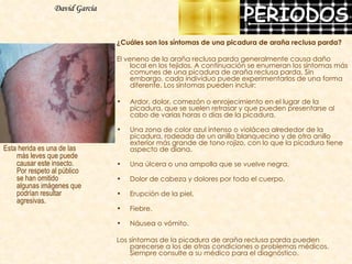 ¿Cuáles son los síntomas de una picadura de araña reclusa parda? El veneno de la araña reclusa parda generalmente causa daño local en los tejidos. A continuación se enumeran los síntomas más comunes de una picadura de araña reclusa parda. Sin embargo, cada individuo puede experimentarlos de una forma diferente. Los síntomas pueden incluir:  Ardor, dolor, comezón o enrojecimiento en el lugar de la picadura, que se suelen retrasar y que pueden presentarse al cabo de varias horas o días de la picadura. Una zona de color azul intenso o violácea alrededor de la picadura, rodeada de un anillo blanquecino y de otro anillo exterior más grande de tono rojizo, con lo que la picadura tiene aspecto de diana. Una úlcera o una ampolla que se vuelve negra. Dolor de cabeza y dolores por todo el cuerpo. Erupción de la piel. Fiebre. Náusea o vómito.  Los síntomas de la picadura de araña reclusa parda pueden parecerse a los de otras condiciones o problemas médicos. Siempre consulte a su médico para el diagnóstico. David García Esta herida es una de las más leves que puede causar este insecto. Por respeto al público se han omitido algunas imágenes que podrían resultar agresivas. 