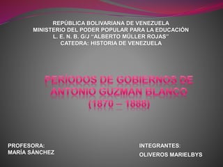 REPÚBLICA BOLIVARIANA DE VENEZUELA
MINISTERIO DEL PODER POPULAR PARA LA EDUCACIÓN
L. E. N. B. G/J “ALBERTO MÜLLER ROJAS”
CATEDRA: HISTORIA DE VENEZUELA
INTEGRANTES:
OLIVEROS MARIELBYS
PROFESORA:
MARÍA SÁNCHEZ
 