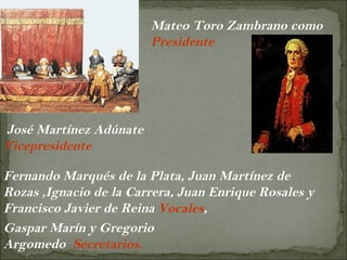 Fernando Marqués de la Plata, Juan Martínez de Rozas ,Ignacio de la Carrera, Juan Enrique Rosales y Francisco Javier de Reina  Vocales ,  Mateo Toro Zambrano como  Presidente José Martínez Adúnate Vicepresidente Gaspar Marín y Gregorio Argomedo  Secretarios. 