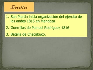 Batallas San Martín inicia organización del ejército de los andes 1815 en Mendoza Guerrillas de Manuel Rodríguez 1816 Batalla de Chacabuco.  