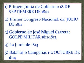 Primera Junta de Gobierno: 18 DE SEPTIEMBRE DE 1810 Primer Congreso Nacional: 04  JULIO DE 1811 3) Gobierno de José Miguel Carrera: GOLPE MILITAR 1811-1813 4) La Junta de 1813 5) Batallas o Campañas 1-2 OCTUBRE DE 1814 