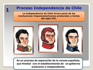 Proceso Independencia de Chile
1
La Independencia de Chile forma parte de las
revoluciones hispanoamericanas producidas a inicios
del siglo XIX.
Es un proceso de separación de la corona española,
que finalizó con el establecimiento de un gobierno
autónomo e independiente.
 