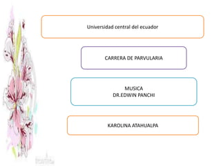 Universidad central del ecuador

CARRERA DE PARVULARIA

MUSICA
DR.EDWIN PANCHI

KAROLINA ATAHUALPA

 