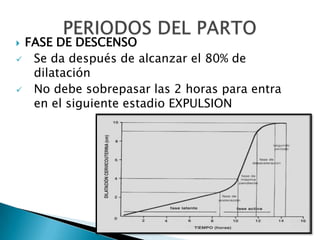 FASE DE DESCENSO
 Se da después de alcanzar el 80% de
  dilatación
 No debe sobrepasar las 2 horas para entra
  en el siguiente estadio EXPULSION
 