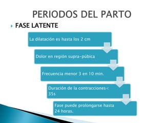    FASE LATENTE

       La dilatación es hasta los 2 cm



          Dolor en región supra-púbica



             Frecuencia menor 3 en 10 min.


                Duración de la contracciones<
                35s

                   Fase puede prolongarse hasta
                   24 horas.
 