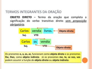 TERMOS INTEGRANTES DA ORAÇÃO OBJETO DIRETO  – Termo da oração que completa a significação do verbo transitivo direto  sem preposição obrigatória . vendia livros. Carlos Suj. VTD vendia os Carlos Suj. VTD Objeto direto Objeto direto Os pronomes  o, a, os, as , funcionam como  objeto direto  e os pronomes  lhe, lhes , como  objeto indireto .  Já os pronomes  me, te, se nos, vos  podem assumir a função de  objeto direto  ou  objeto indireto . 