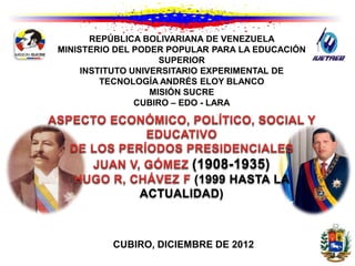 REPÚBLICA BOLIVARIANA DE VENEZUELA
MINISTERIO DEL PODER POPULAR PARA LA EDUCACIÓN
                     SUPERIOR
     INSTITUTO UNIVERSITARIO EXPERIMENTAL DE
         TECNOLOGÍA ANDRÉS ELOY BLANCO
                   MISIÓN SUCRE
                CUBIRO – EDO - LARA




                        (1908-1935)
                      (1999 HASTA LA
               ACTUALIDAD)



          CUBIRO, DICIEMBRE DE 2012
 