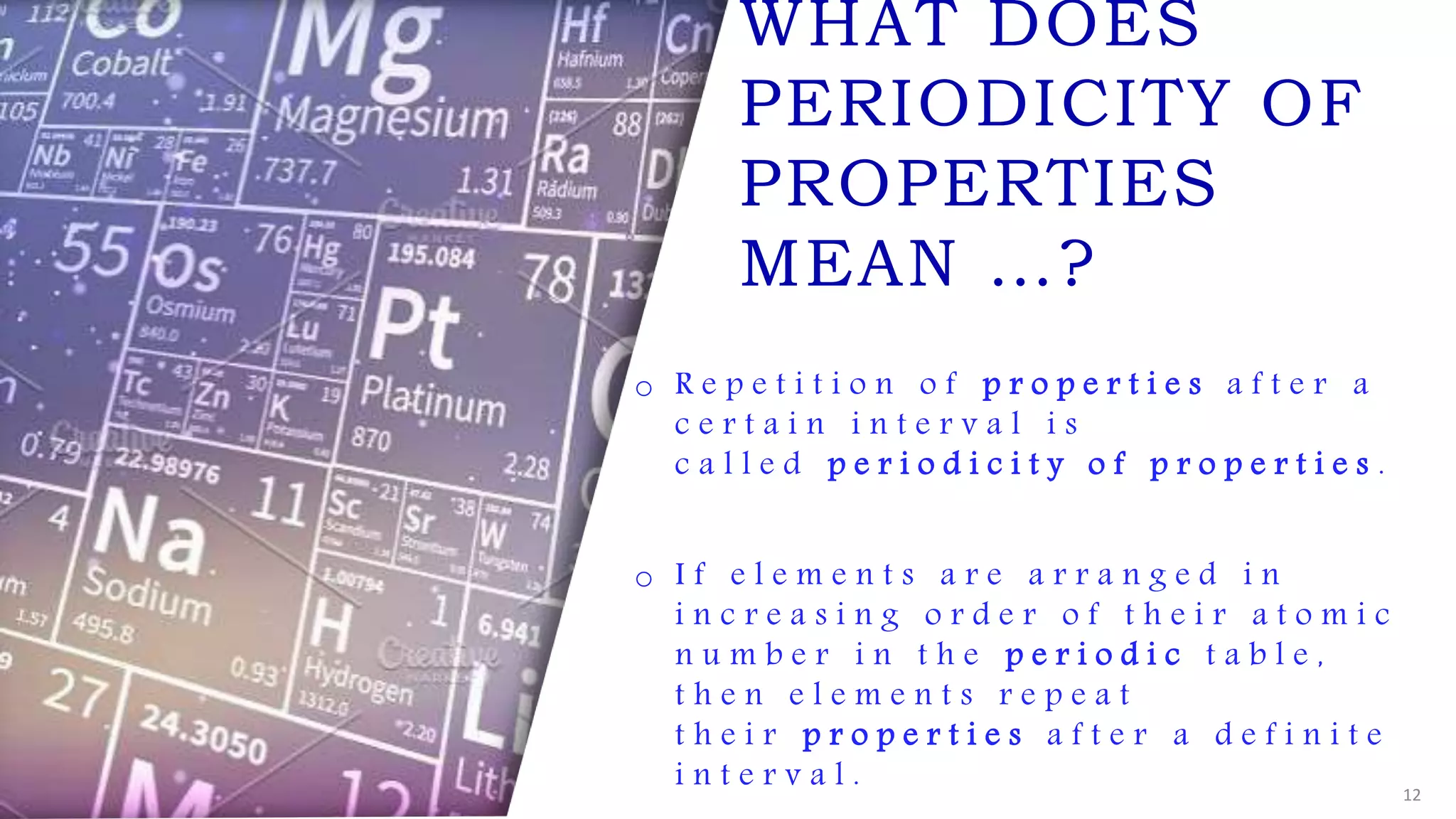 FABRIKAM
WHAT DOES
PERIODICITY OF
PROPERTIES
MEAN …?
o R e p e t i t i o n o f p r o p e r t i e s a f t e r a
c e r t a i n i n t e r v a l i s
c a l l e d p e r i o d i c i t y o f p r o p e r t i e s .
o I f e l e m e n t s a r e a r r a n g e d i n
i n c r e a s i n g o r d e r o f t h e i r a t o m i c
n u m b e r i n t h e p e r i o d i c t a b l e ,
t h e n e l e m e n t s r e p e a t
t h e i r p r o p e r t i e s a f t e r a d e f i n i t e
i n t e r v a l . 12
 