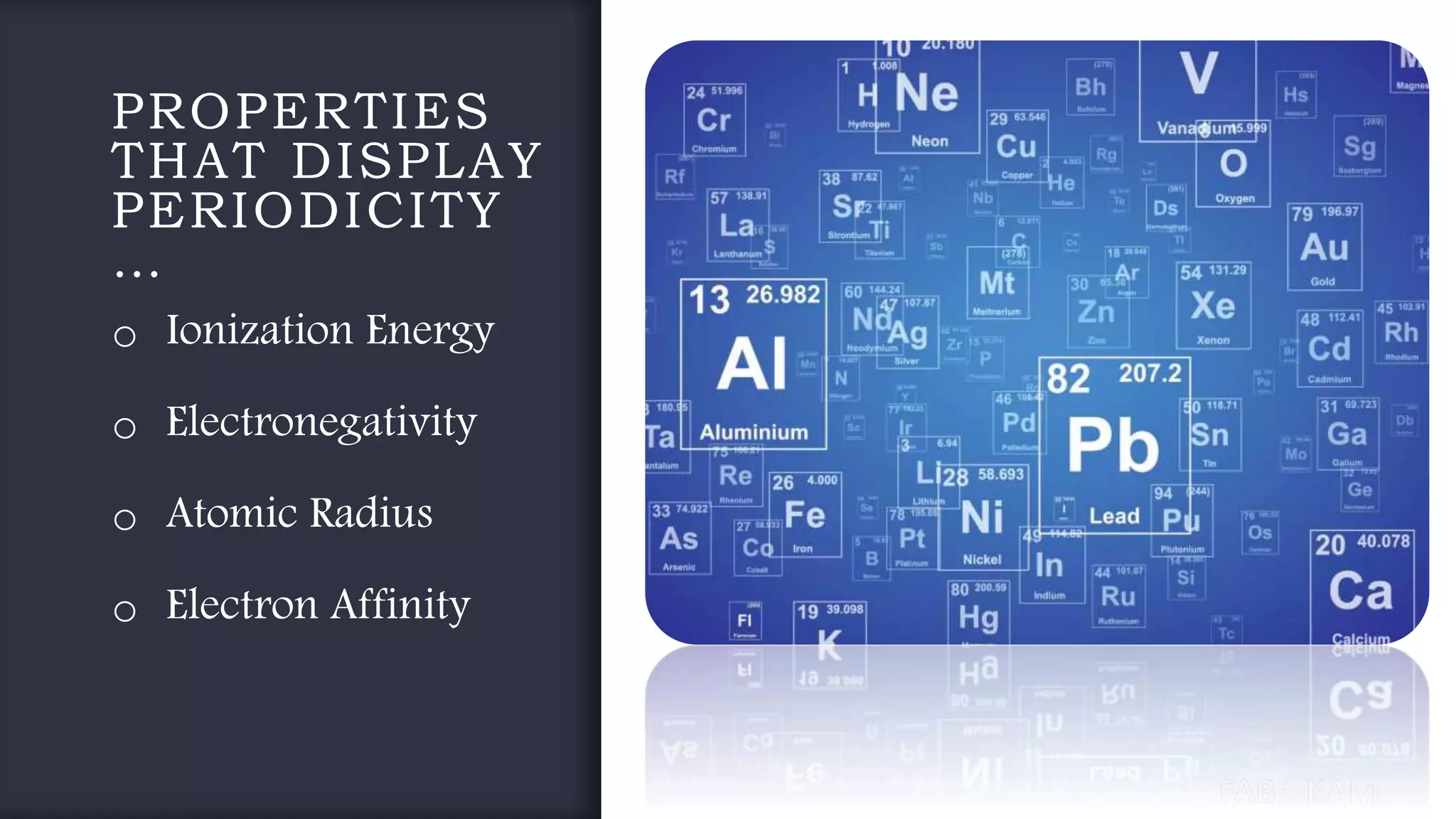 FABRIKAMFABRIKAM
PROPERTIES
THAT DISPLAY
PERIODICITY
…
o Ionization Energy
o Electronegativity
o Atomic Radius
o Electron Affinity
 