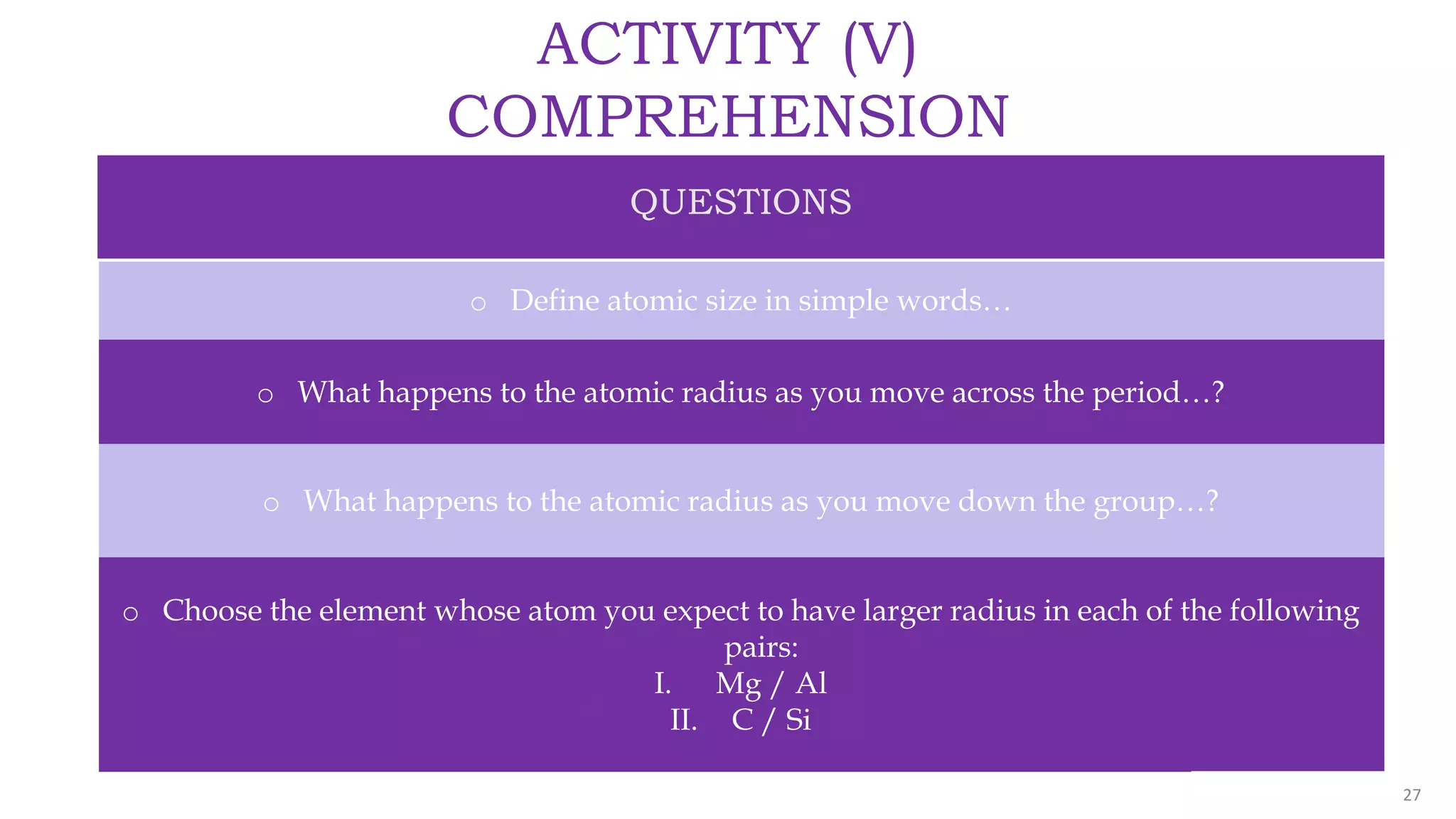 FABRIKAM
ACTIVITY (V)
COMPREHENSION
QUESTIONS
o Define atomic size in simple words…
o What happens to the atomic radius as you move across the period…?
o What happens to the atomic radius as you move down the group…?
o Choose the element whose atom you expect to have larger radius in each of the following
pairs:
I. Mg / Al
II. C / Si
27
 